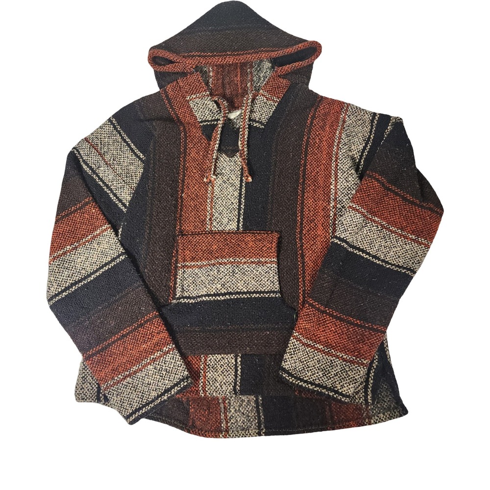 Vel-Mex Baja Hoodie Striped Drug Rug Pullover Orange Black Cream Medium
